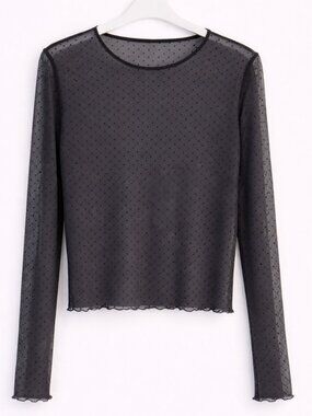 Zara Sheer Polka Dot Black Lettuce Hem Long Sleeve Top